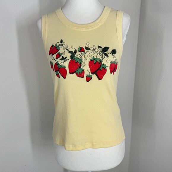 Daydreamer Strawberries Tank Top Yellow Sleeveless T Shirt Size Small - Picture 1 of 10